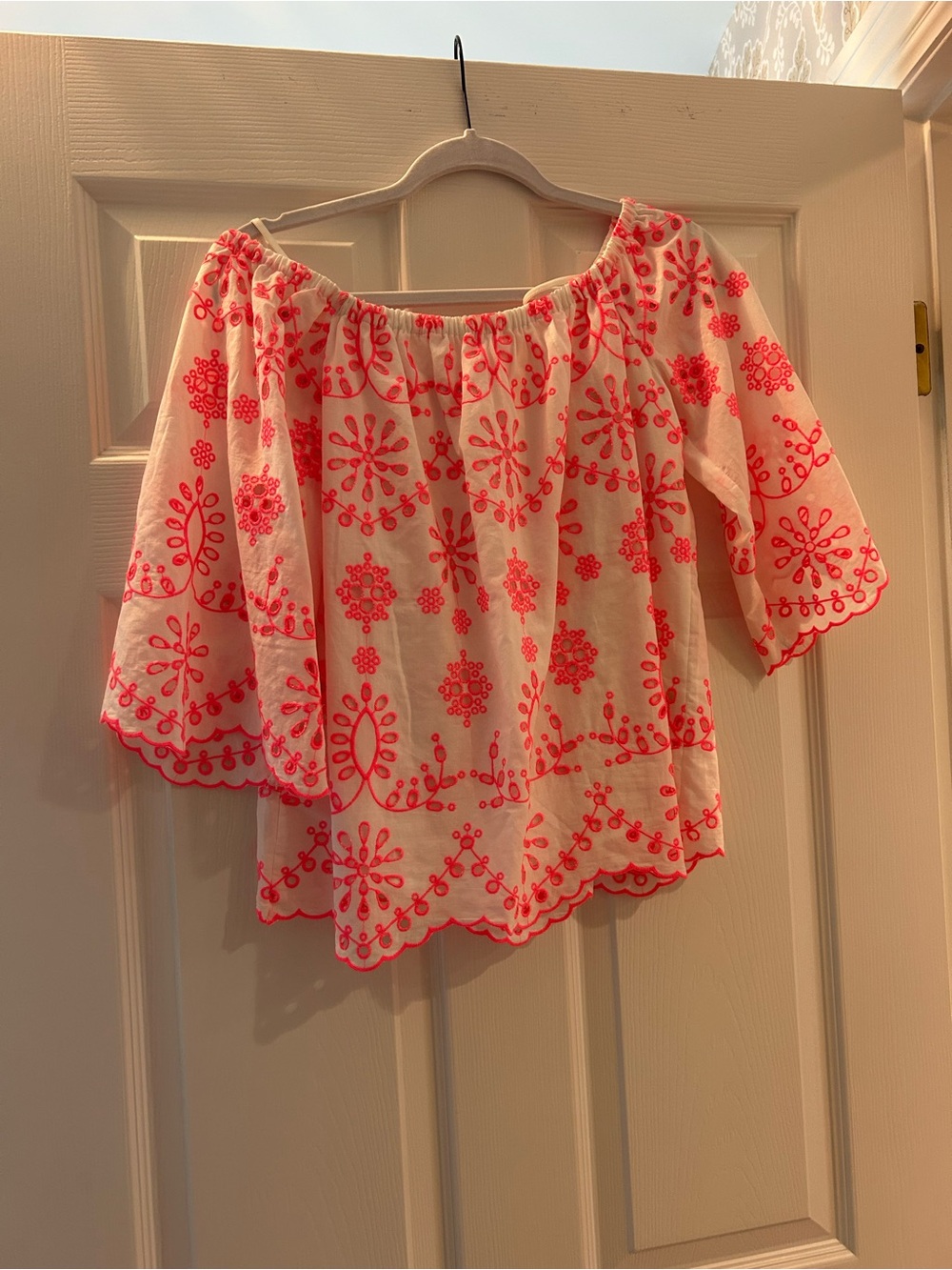 Lilly Pulitzer White Off-Shoulder Top with Coral Embroidery